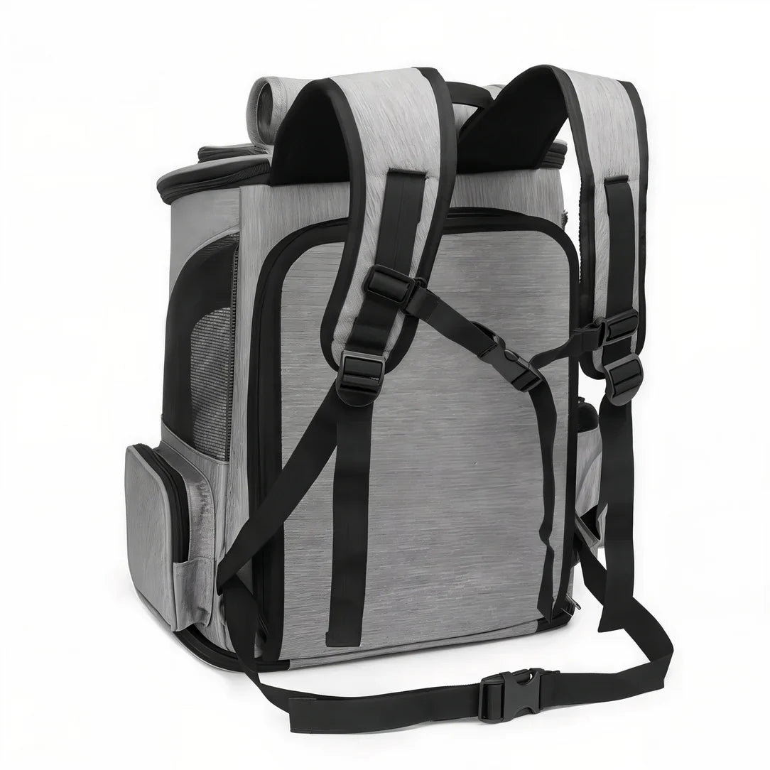 Sac de transport extensible pour chat gris avec bretelles noires et ventilation en mesh