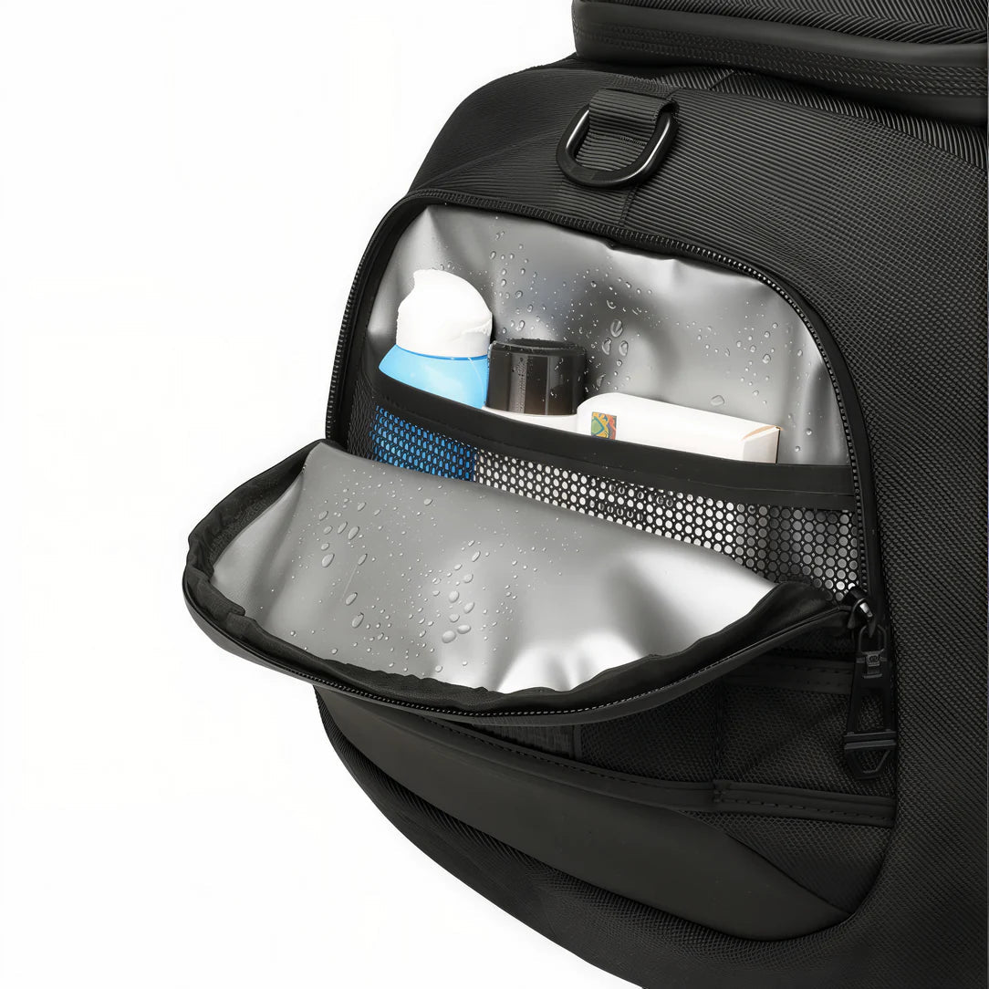 Sac de voyage antivol TSA Agora en filet noir avec intérieur étanche et compartiments pour produits de toilette