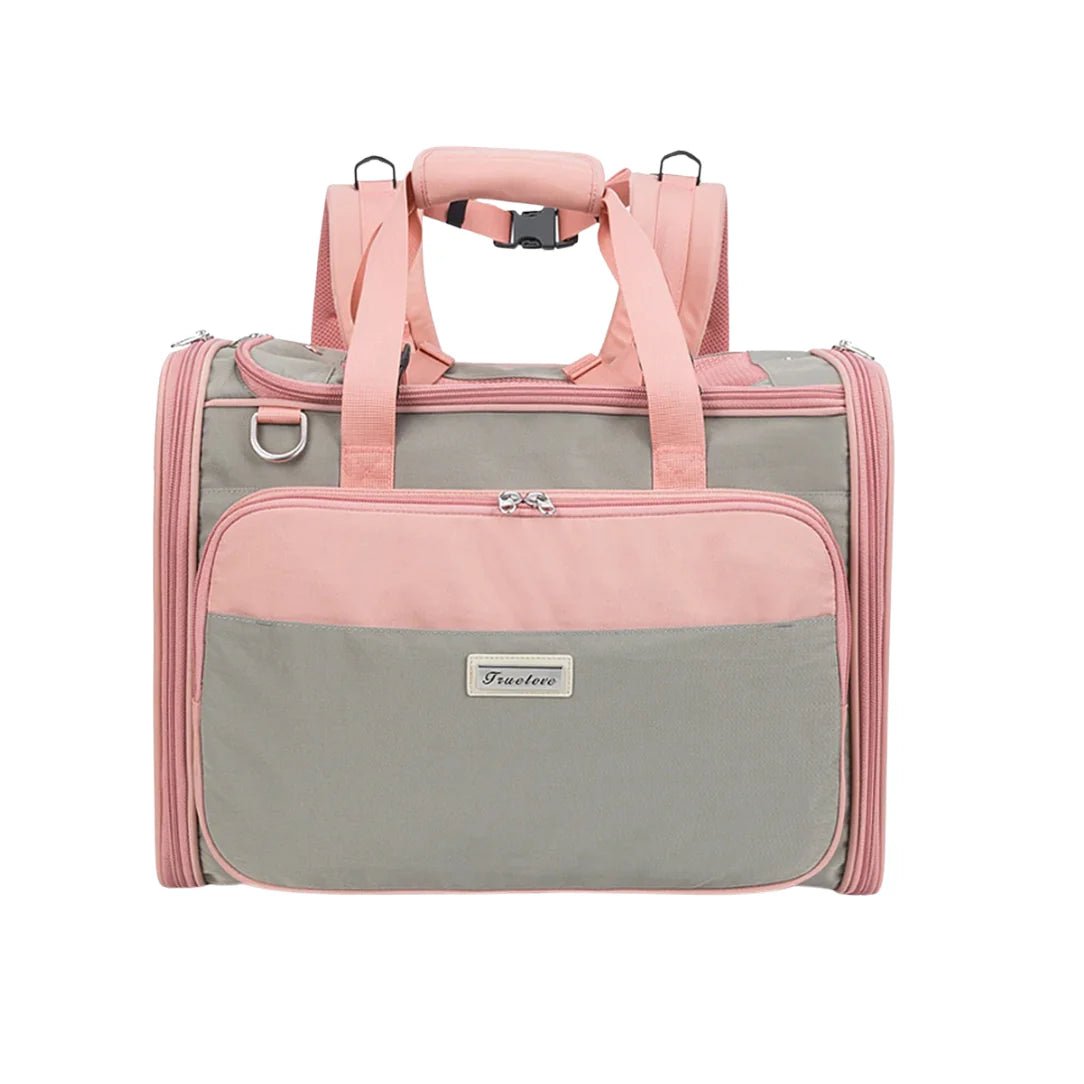 Sac de voyage pour chat TrueLove rose et gris avec poignées et poche avant