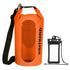 Sac étanche flottant orange avec bandoulière noire, fenêtre transparente et pochette étanche pour téléphone
