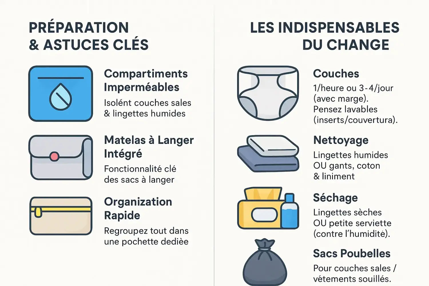 Organisation d'un sac à langer avec les indispensables pour le change et l'hygiène de bébé