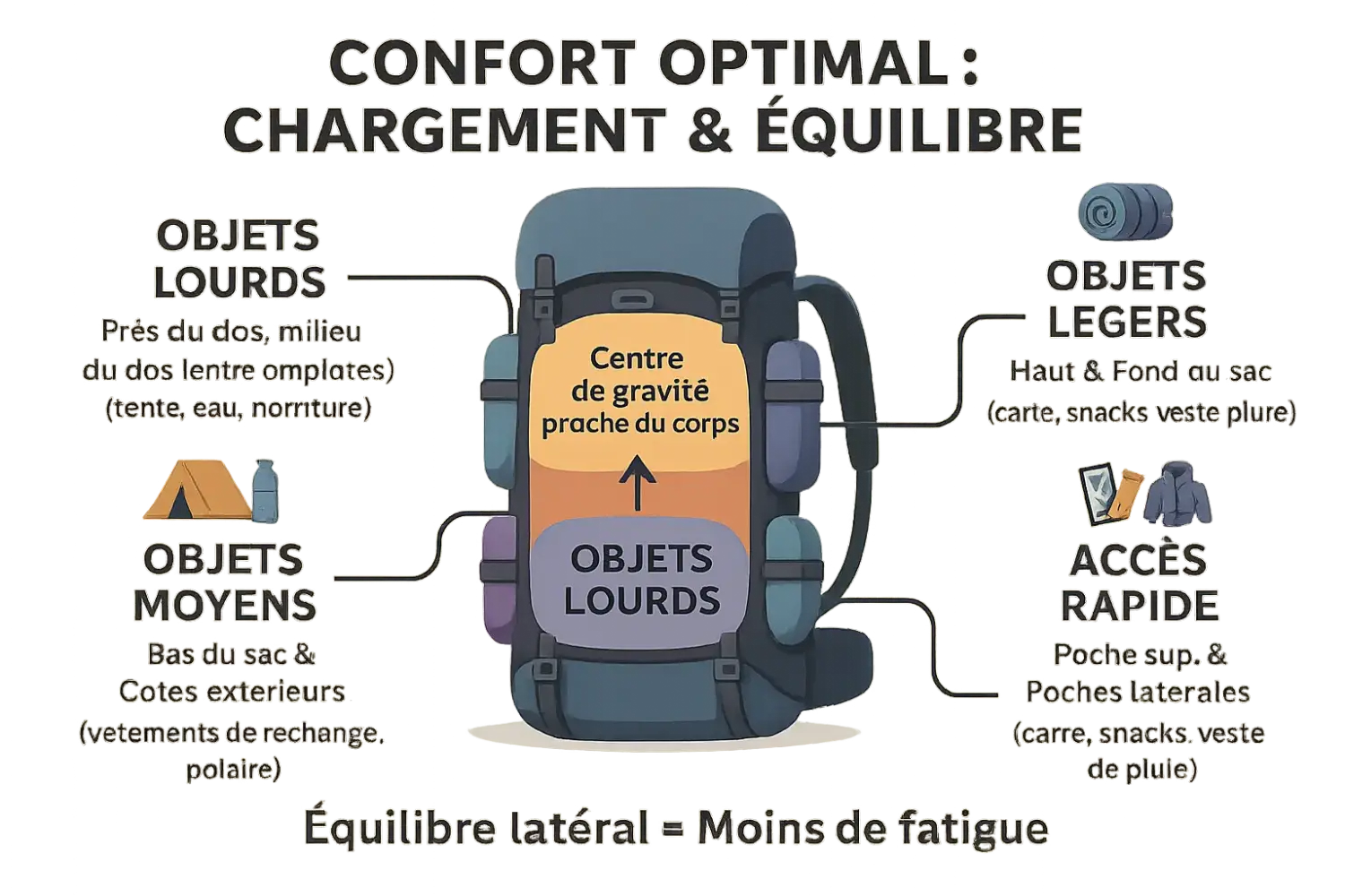 Illustration d'un sac à dos bien chargé avec une répartition équilibrée des poids